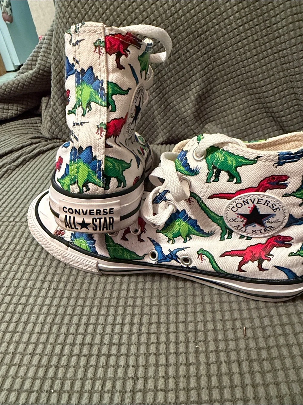 Converse High-Top Sneakers with Colorful Dinosaur Print - White. Kids size 4